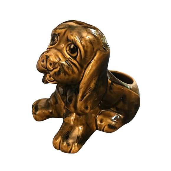 Ceramic Sitting Hound Dog Puppy Planter 6"x8" Brown Vintage Kitschy Big Eyes - Picture 6 of 13